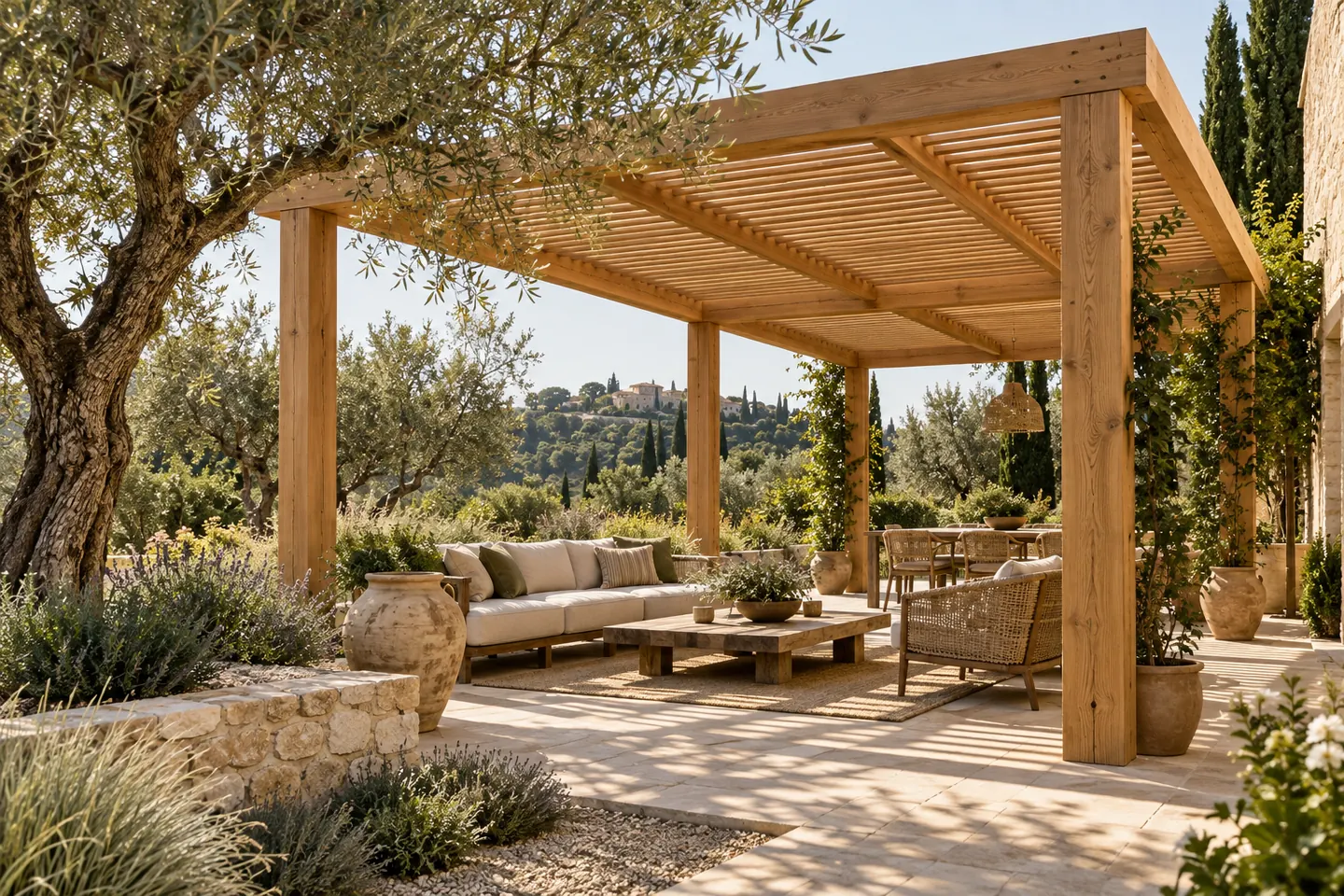 Pérgola de madera en un jardín mediterráneo con zona de descanso