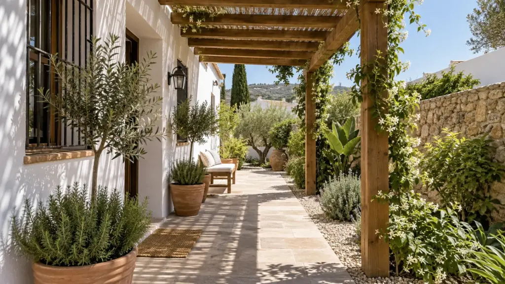 Pérgola de madera en un jardín: Pérgola en un jardín triangular: aprovechar la geometría