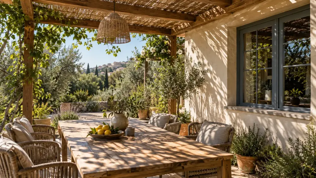 Pérgola de madera en un jardín: Combinar la sombra de los árboles con una pérgola