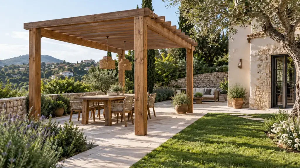Pérgola de madera en un jardín: Instalar una pérgola sobre pavimento existente: comprobaciones