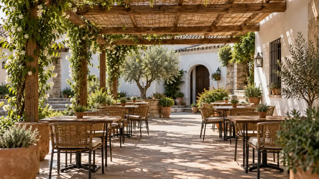 Pérgola de madera en un jardín: Pérgola en espacio de eventos: montaje y aforo