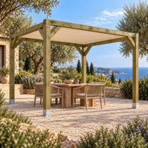 Pérgola de Madera Maciza 3x3 con Toldo Fijo - Gardenium